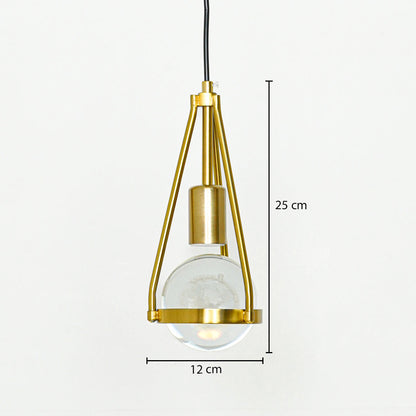 Gold metal frame and textured glass pendant light dimension image with 12 cm width and 25 cm height for luxury bedside placement.