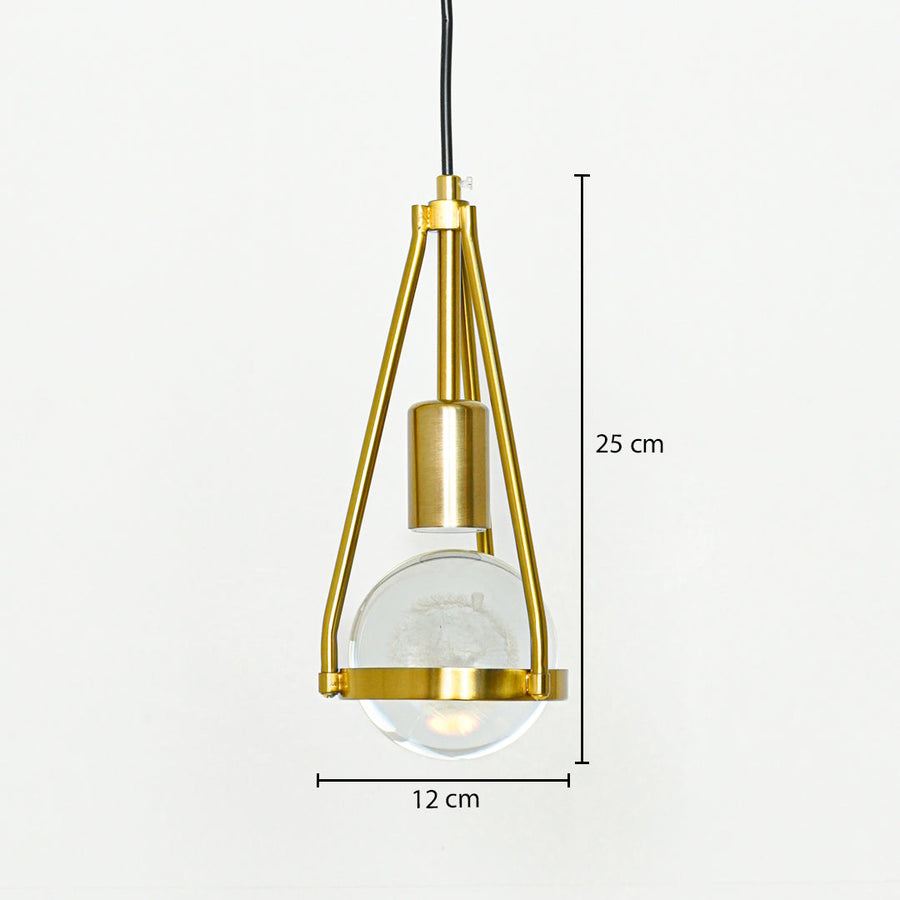 Gold metal frame and textured glass pendant light dimension image with 12 cm width and 25 cm height for luxury bedside placement.