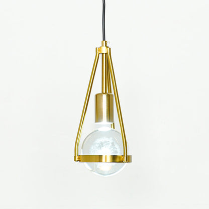 Textured clear glass and gold metal pendant light with geometric frame for modern home decor spaces.
