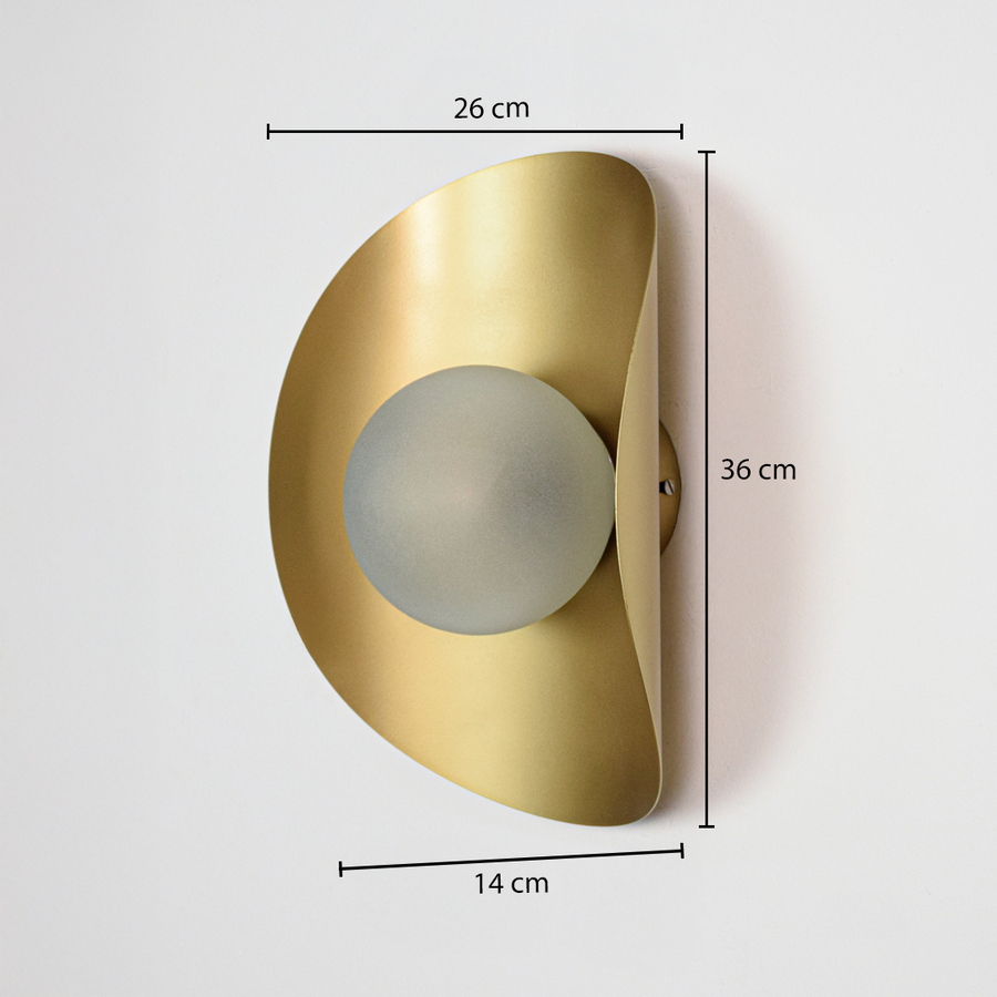 Wall light dimensions image showing 36 cm height with 26 cm width and 14 cm depth highlighting the compact gold metal wall light design.