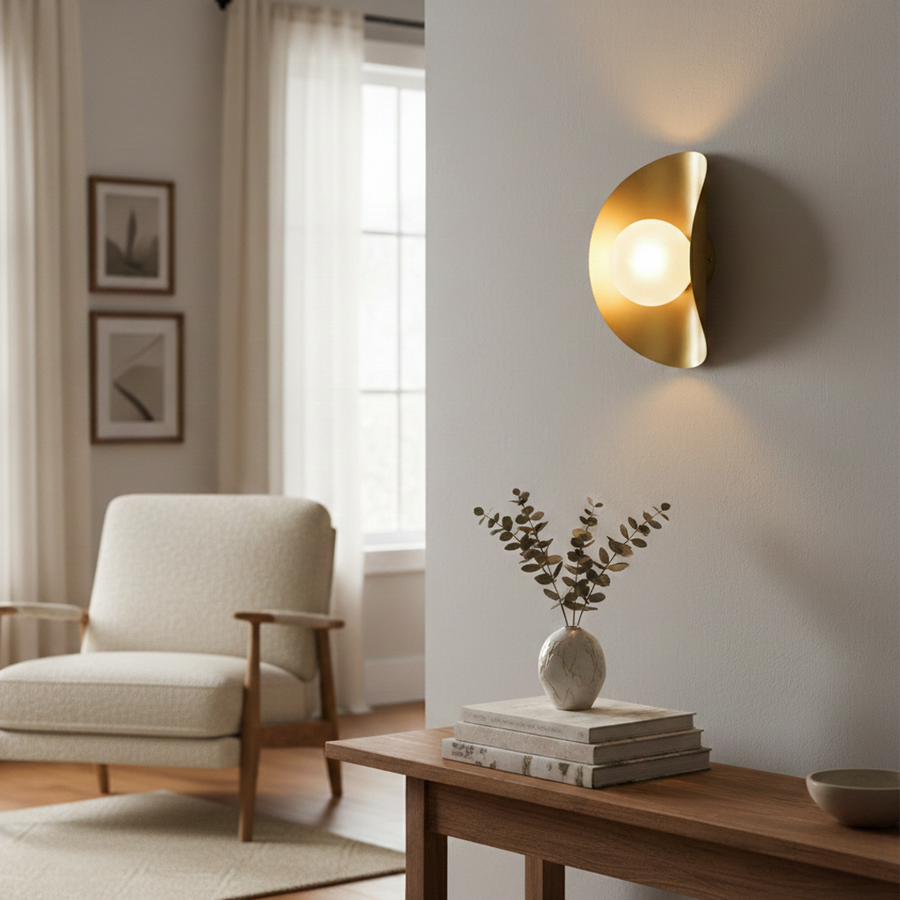 Wall light styled in cozy living room above wooden console with gold curved metal shade and glowing glass center creating warm modern luxury Decor ambience.