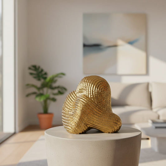 Gold metal abstract decor sculpture with textured swirl design styled on console table for luxury living room accent.