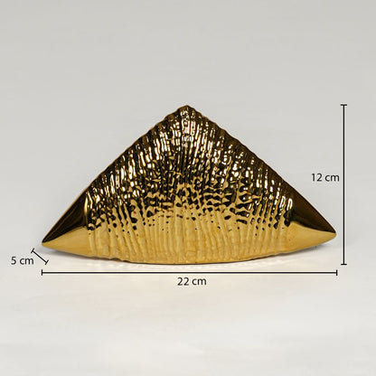 Gold striped ceramic triangle table decor measuring 12 cm height 22 cm width and 5 cm depth perfect for shelf styling.