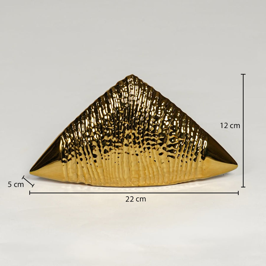 Gold striped ceramic triangle table decor measuring 12 cm height 22 cm width and 5 cm depth perfect for shelf styling.