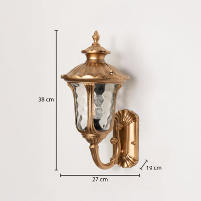 Gold outdoor wall light with clearly marked dimensions showing 38 cm height 27 cm width and 19 cm wall projection for accurate sizing reference.