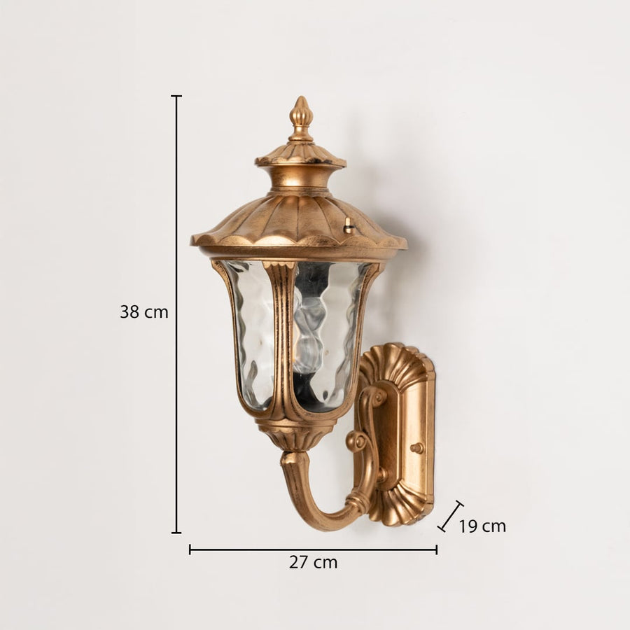 Gold outdoor wall light with clearly marked dimensions showing 38 cm height 27 cm width and 19 cm wall projection for accurate sizing reference.