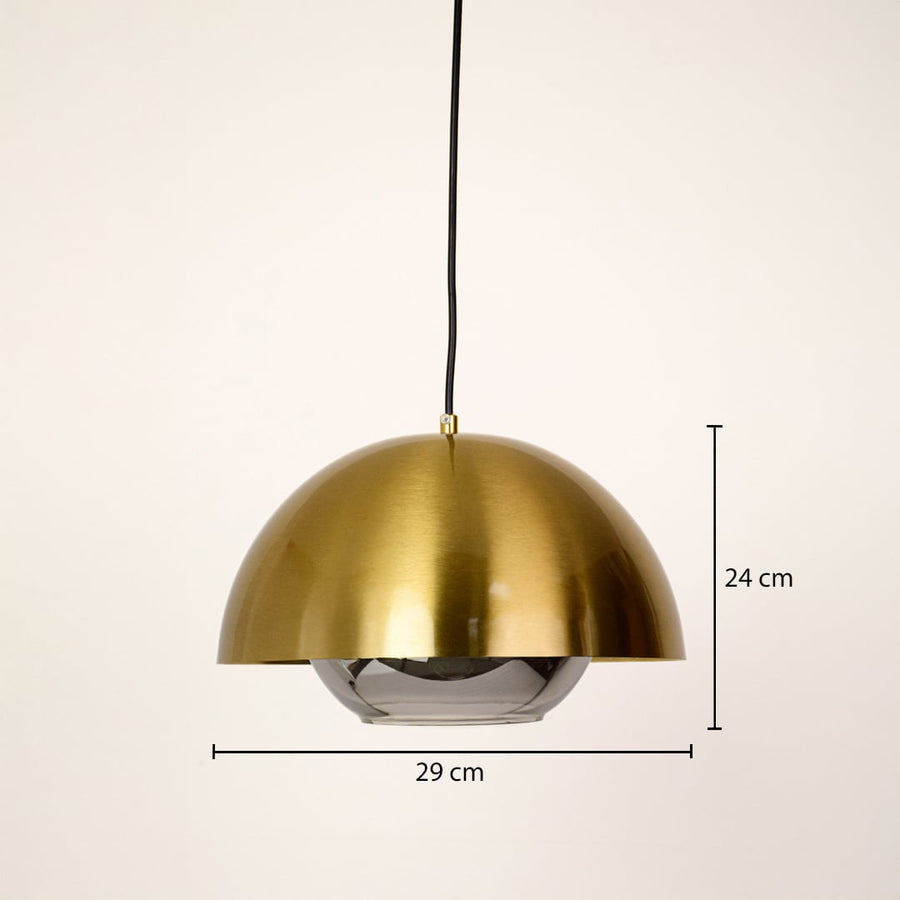 Dimension image of brushed brass dome pendant light with reflective finish showing 24 cm height and 29 cm width.