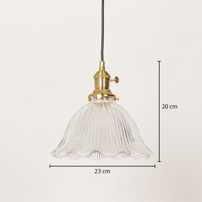 Clear fluted glass and brass pendant light dimension image with 23 cm width and 20 cm height for modern dining placement.