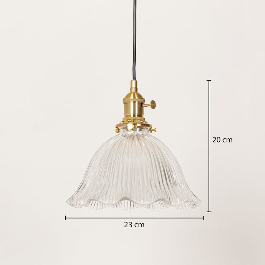 Clear fluted glass and brass pendant light dimension image with 23 cm width and 20 cm height for modern dining placement.