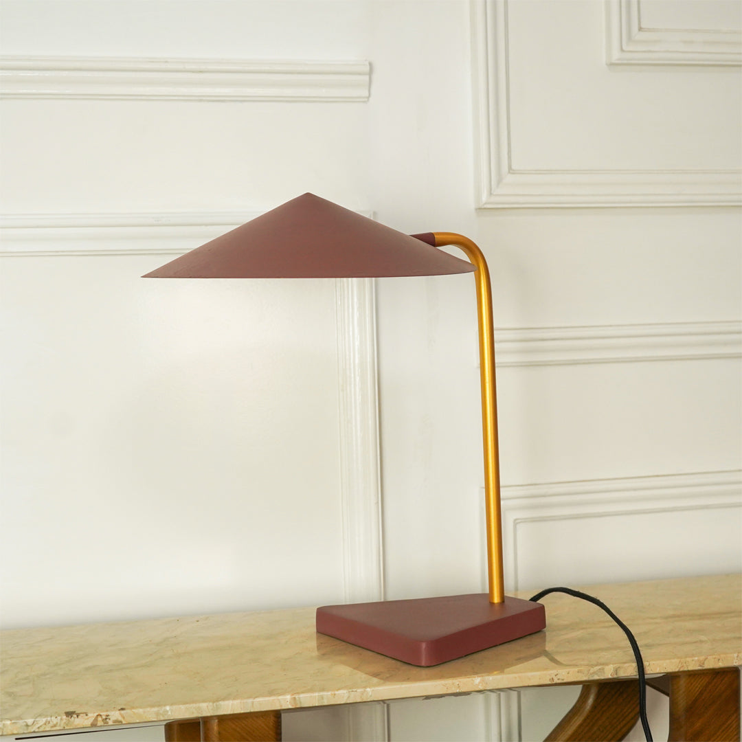 A modern table lamp with a terracotta-colored cone shade and base, and a curved gold metal stem, resting on a marble console table against a white paneled wall.