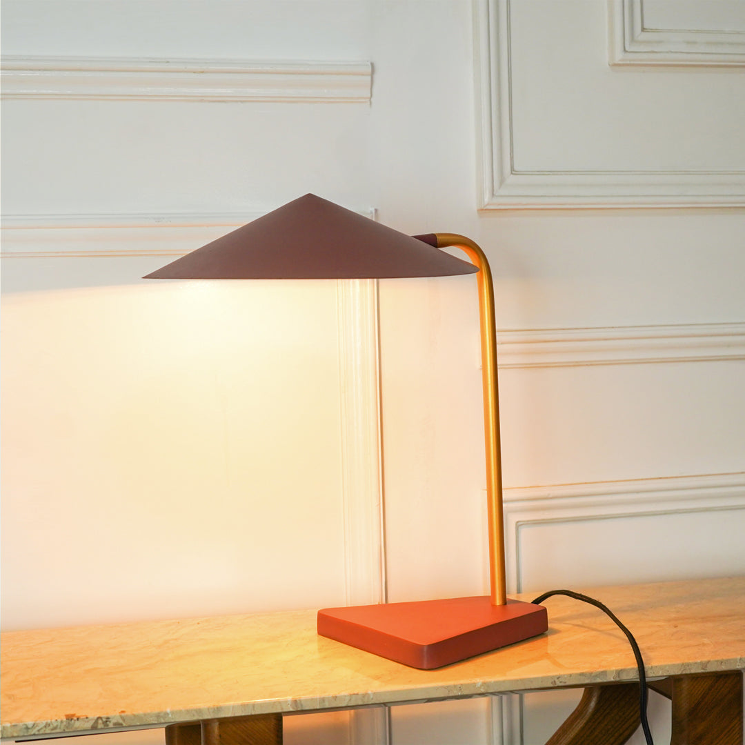 A modern table lamp with a terracotta orange rectangular base, a gold-finished curved metal stem, and a dark brown conical shade, shown illuminated on a light wood table against a white paneled wall.