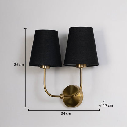 Gold metal double wall sconce with black fabric shades shown with 34 cm height and 34 cm width for precise sizing.