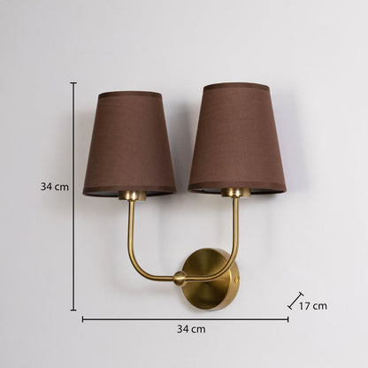Gold metal double wall sconce with brown fabric shades shown with 34 cm height and 34 cm width for accurate sizing.