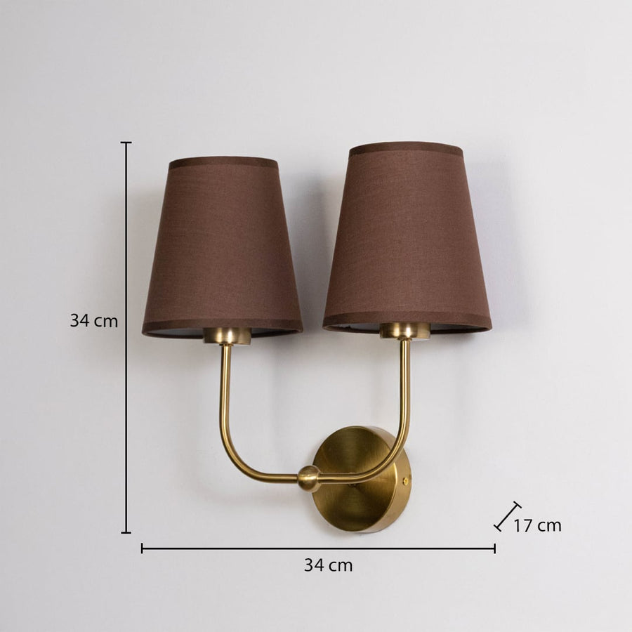 Gold metal double wall sconce with brown fabric shades shown with 34 cm height and 34 cm width for accurate sizing.