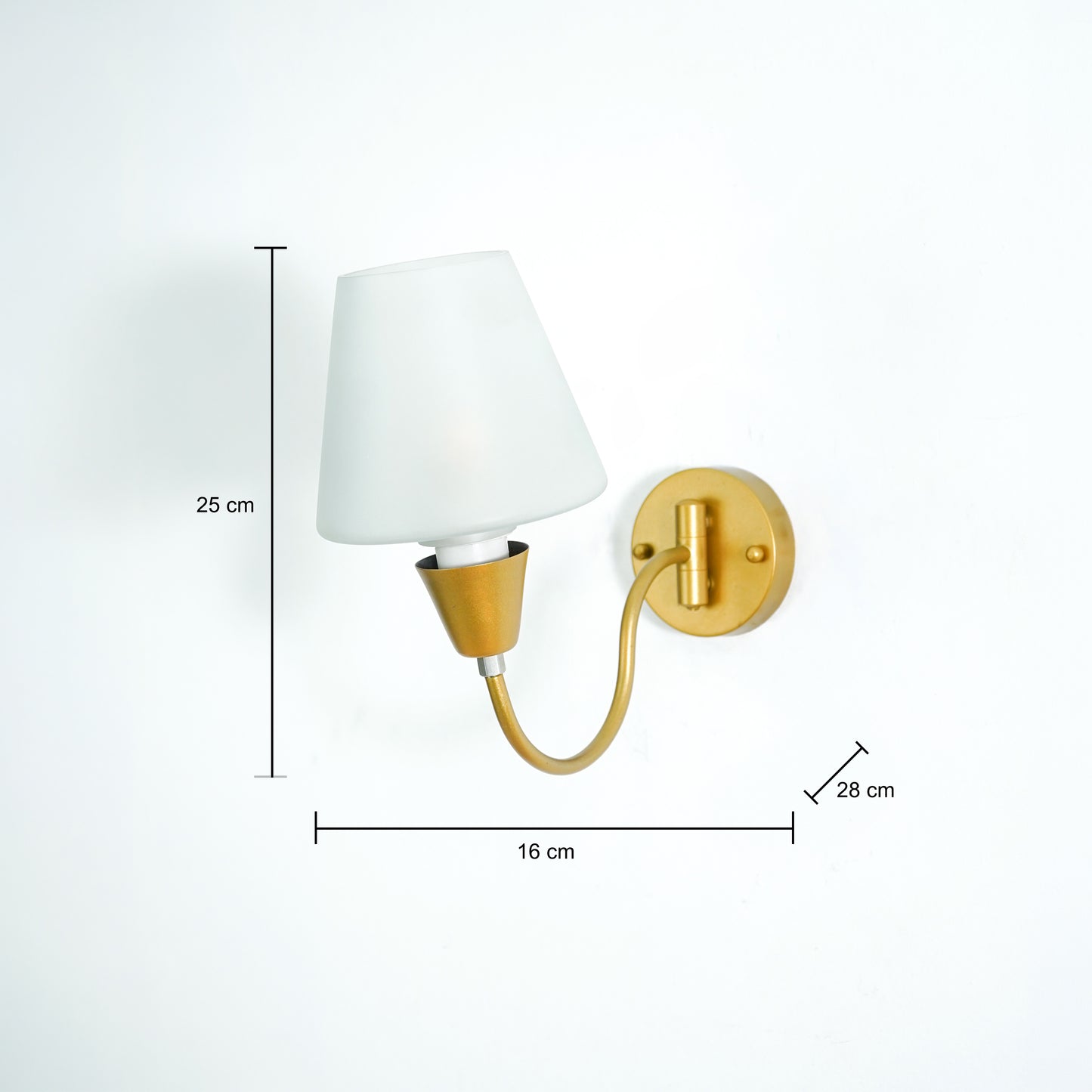 Dimension image of gooseneck brass swivel wall sconce with frosted glass shade for elegant modern home interior decoration.