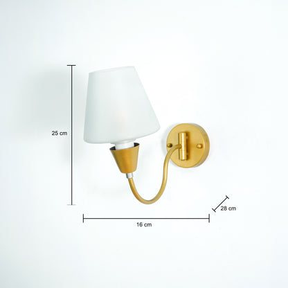 Dimension image of gooseneck brass swivel wall sconce with frosted glass shade for elegant modern home interior decoration.