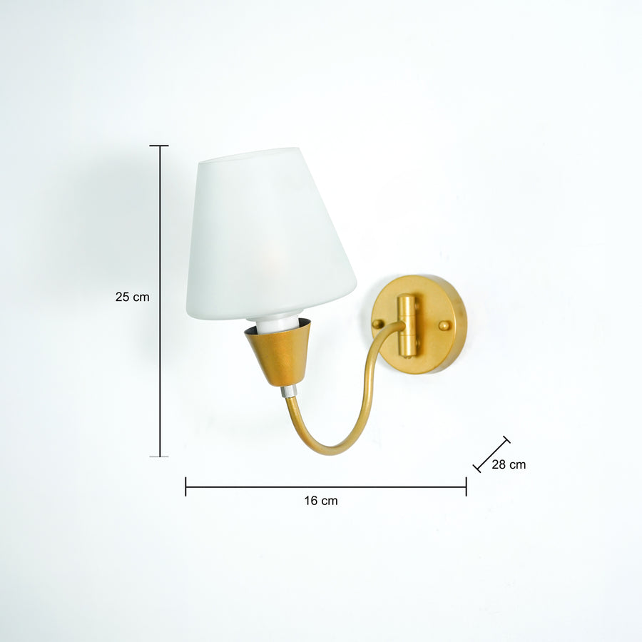 Dimension image of gooseneck brass swivel wall sconce with frosted glass shade for elegant modern home interior decoration.