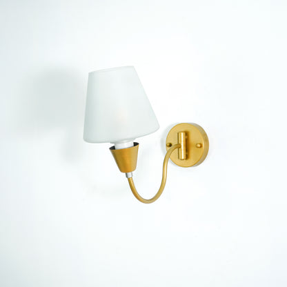 White background image of gooseneck brass swivel wall sconce with frosted glass shade for elegant home interior lighting.