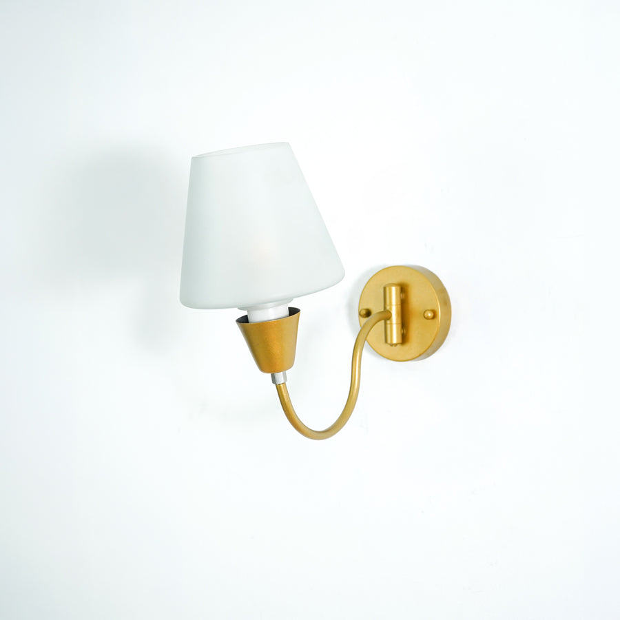 White background image of gooseneck brass swivel wall sconce with frosted glass shade for elegant home interior lighting.