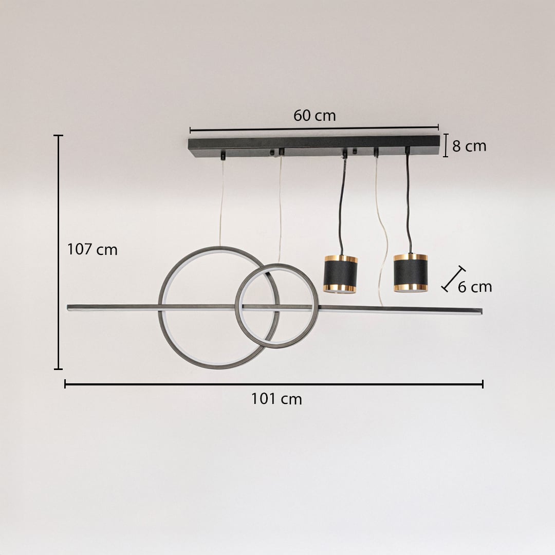 Pendant light with rings and dual spotlights shown with dimensions 101cm width 107cm height for modern ceiling placement.