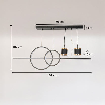 Pendant light with rings and dual spotlights shown with dimensions 101cm width 107cm height for modern ceiling placement.