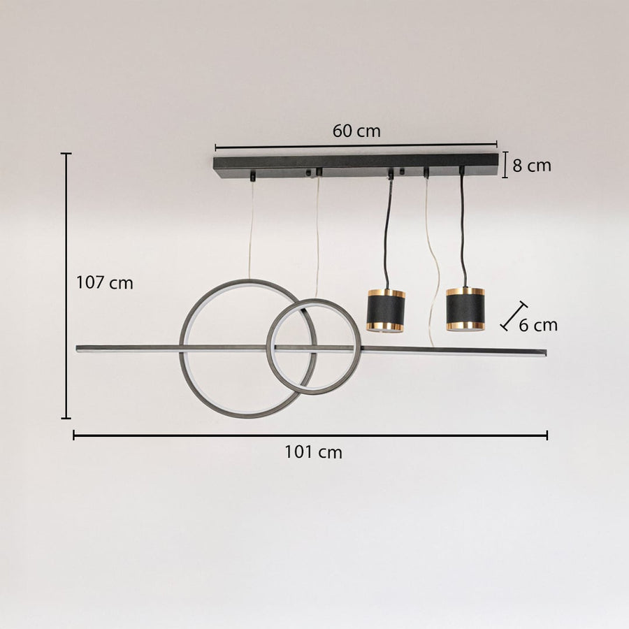 Pendant light with rings and dual spotlights shown with dimensions 101cm width 107cm height for modern ceiling placement.