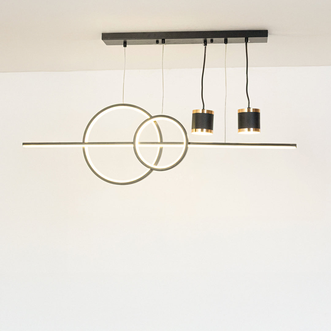 Black metal geometric chandelier with circular ring accents designed for sleek modern ceiling lighting in contemporary interiors.