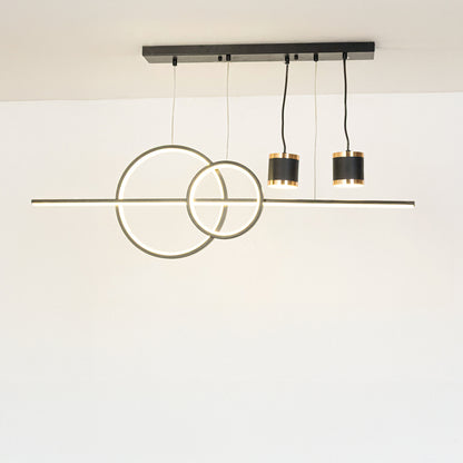 Black metal geometric chandelier with circular ring accents designed for sleek modern ceiling lighting in contemporary interiors.