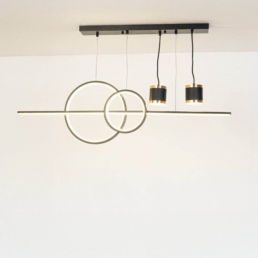 Black metal geometric chandelier with circular ring accents designed for sleek modern ceiling lighting in contemporary interiors.