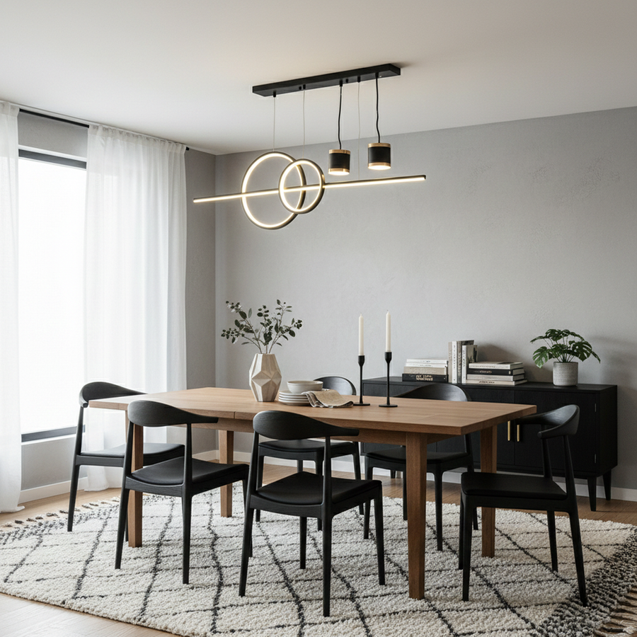 Gold metal chandelier with circular LED accents above dining table creating sophisticated modern interior lighting.