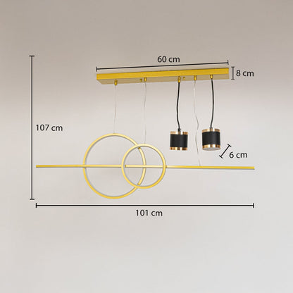 Gold pendant light with rings and dual spotlights shown with dimensions 101cm width and 107cm height for ceiling decor.