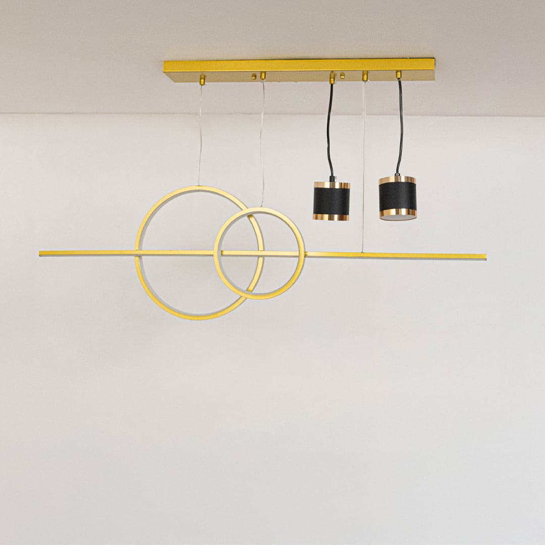 Gold pendant light with circular rings and dual black spotlights in off mode displayed on clean white background.