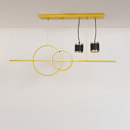 Gold pendant light with circular rings and dual black spotlights in off mode displayed on clean white background.