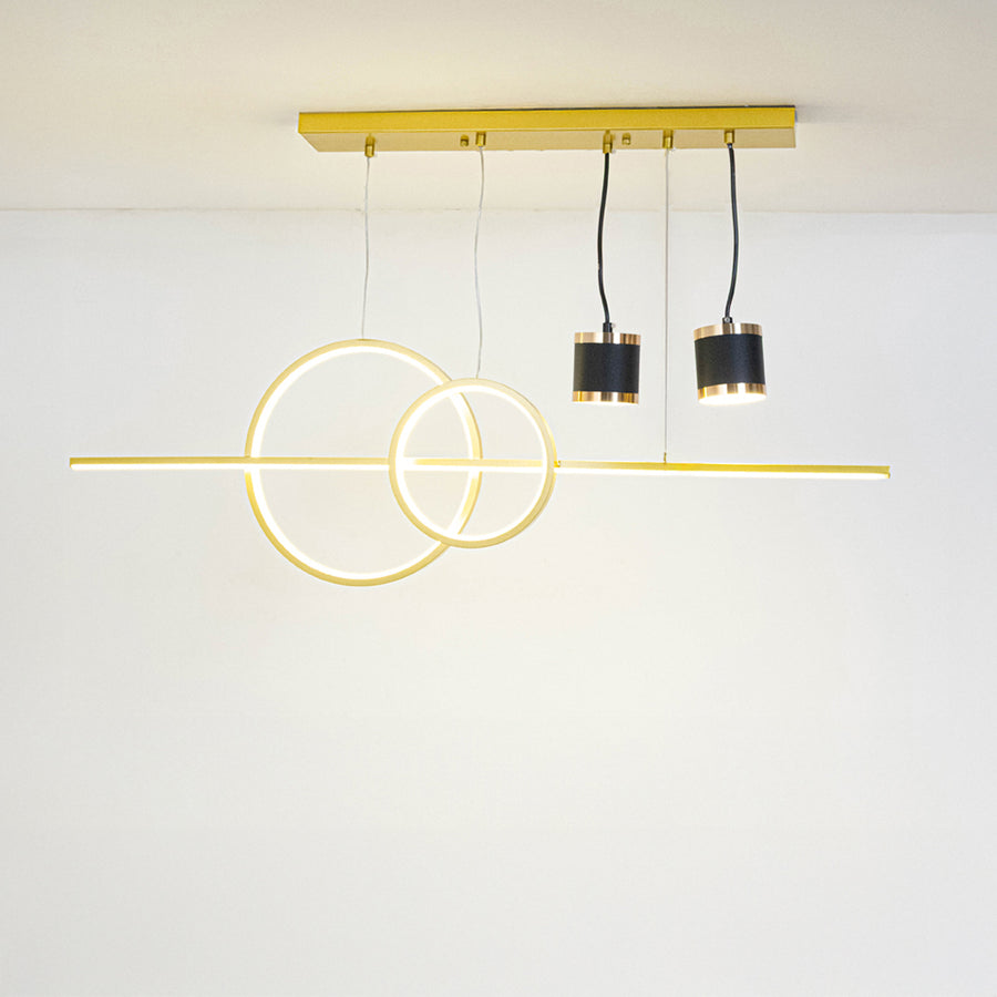 Gold metal geometric chandelier with illuminated circular LED rings creating elegant modern ambient ceiling lighting.