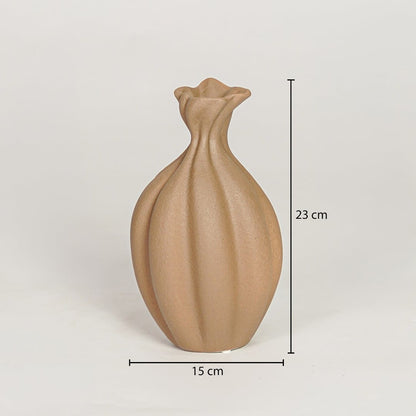Beige ceramic decorative vase showing 15 cm width and 23 cm height ideal for console table shelf and home decor display.