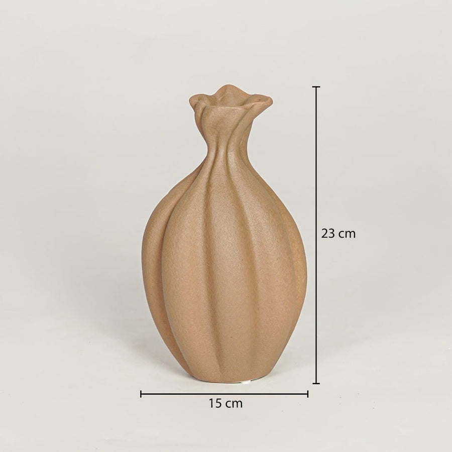 Beige ceramic decorative vase showing 15 cm width and 23 cm height ideal for console table shelf and home decor display.