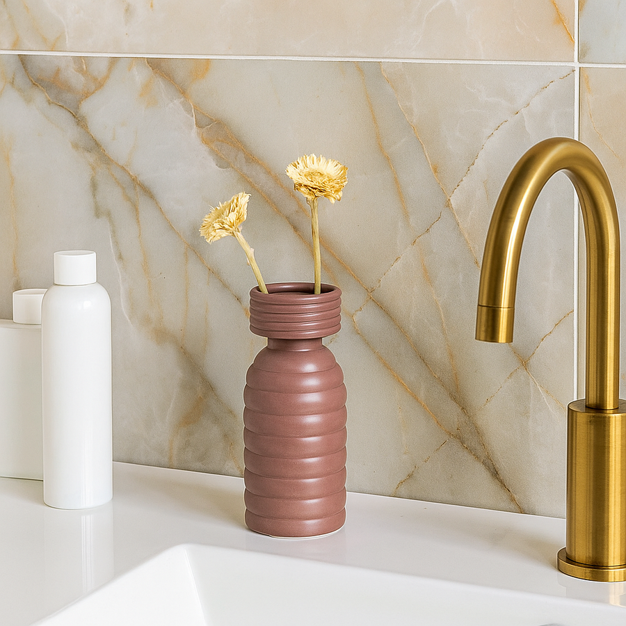 Brown ribbed ceramic vase adding warm modern decor to shelves or tables in contemporary living spaces.