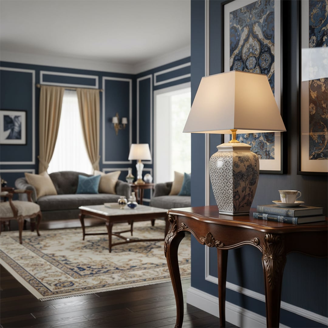 Elegant ceramic table lamp with white patterned base and square shade placed on carved wooden console in a classic navy blue living room.
