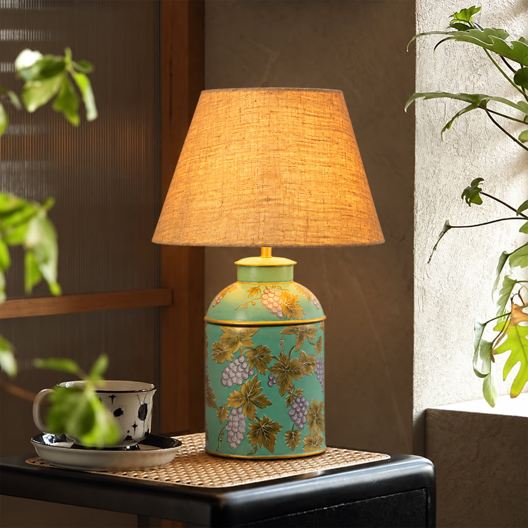Grape Vine Blue Metal Table Lamps - Beige Linen Lamp shade