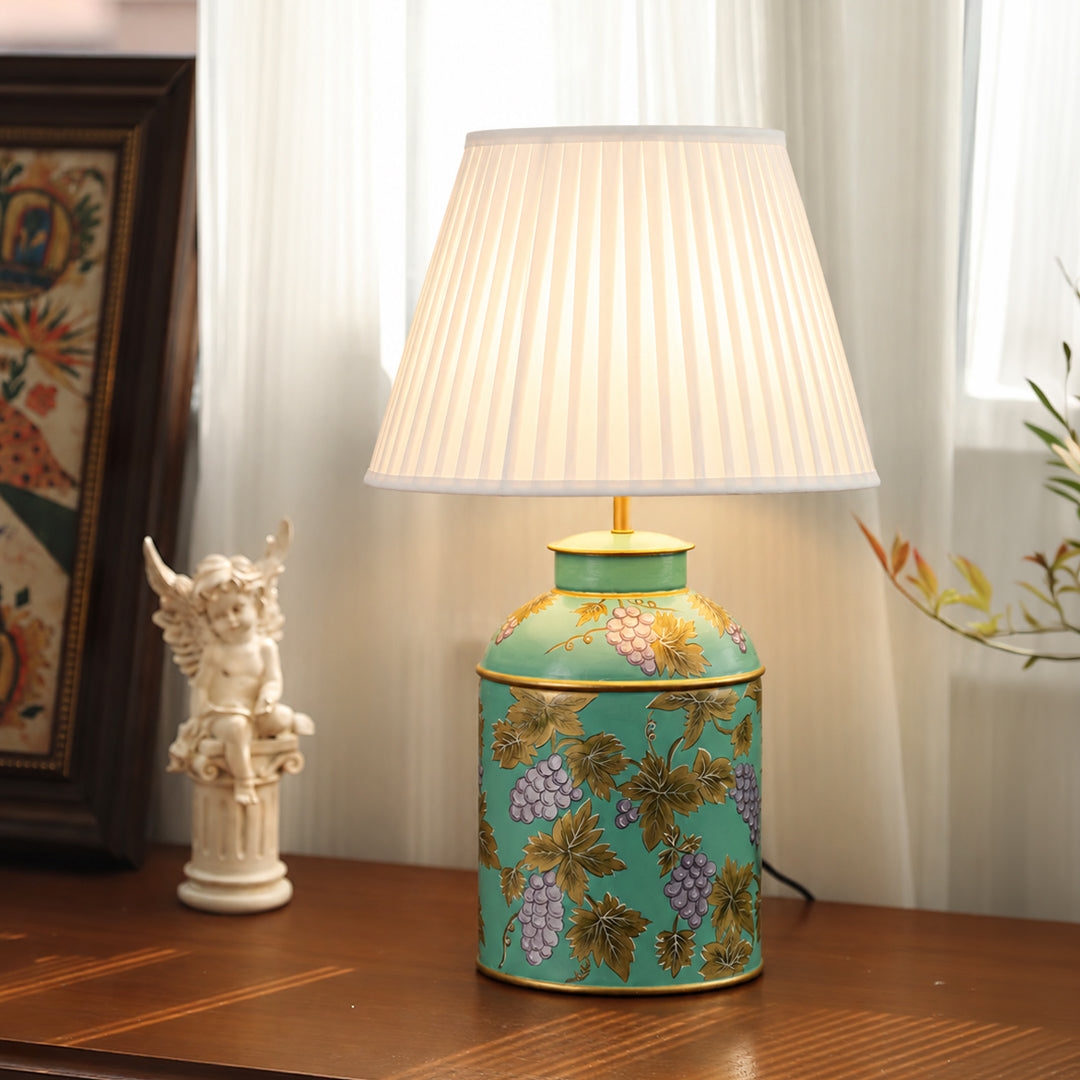 Grape Vine Blue Metal Table Lamps - Off White Pleated Lamp shade