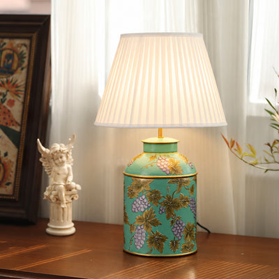 Grape Vine Blue Metal Table Lamps - Off White Pleated Lamp shade
