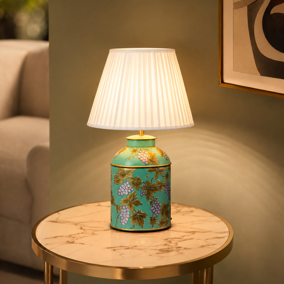 Grape Vine Blue Metal Table Lamps - White Pleated Lamp shade
