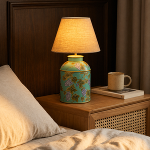 Grape Vine Blue Metal Table Lamps - Beige Linen Lamp shade