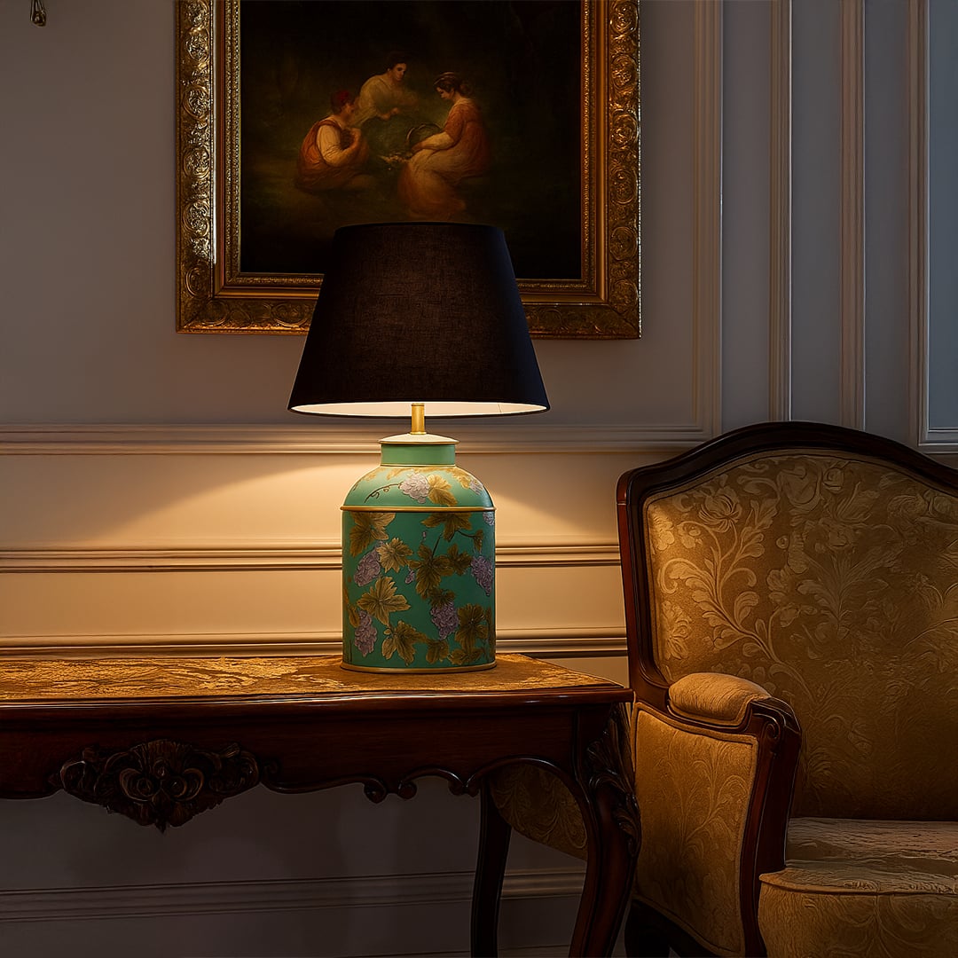 Palais mint green ceramic table lamp with black shade styled on console adding artistic contrast and elegance to classic interiors.