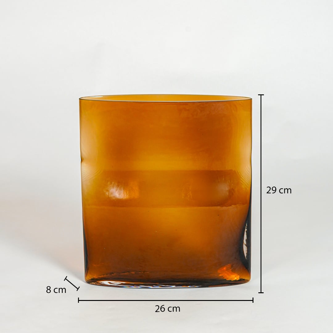 Amber glass planter dimension image showing 29 cm height 26 cm width and 8 cm depth decorative glass accent for floor styling.