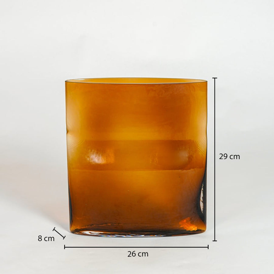 Amber glass planter dimension image showing 29 cm height 26 cm width and 8 cm depth decorative glass accent for floor styling.