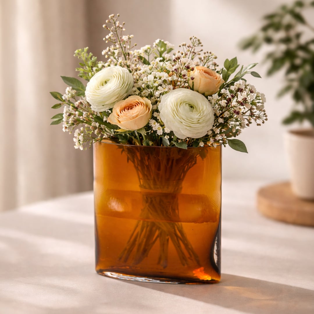 Amber glass planter styled on living room floor modern decorative glass accent for console corner table or plant styling home.