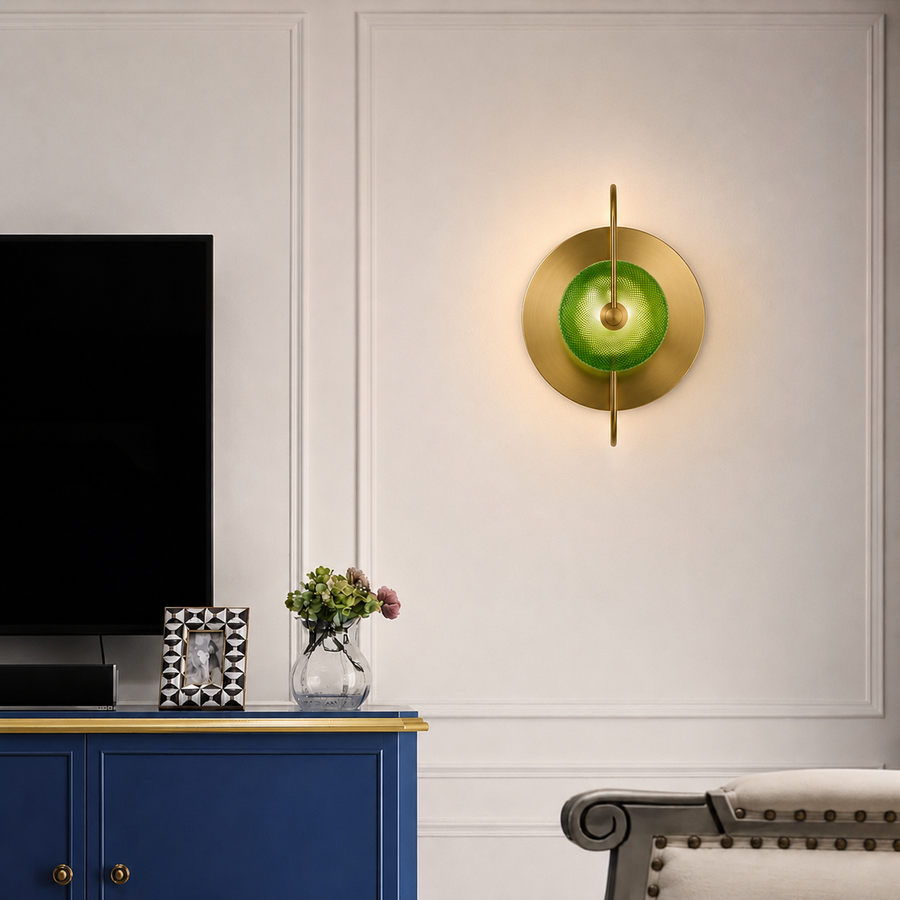 Lifestyle image of green apple glass wall light for elegant hallway decor styling and modern home lighting.