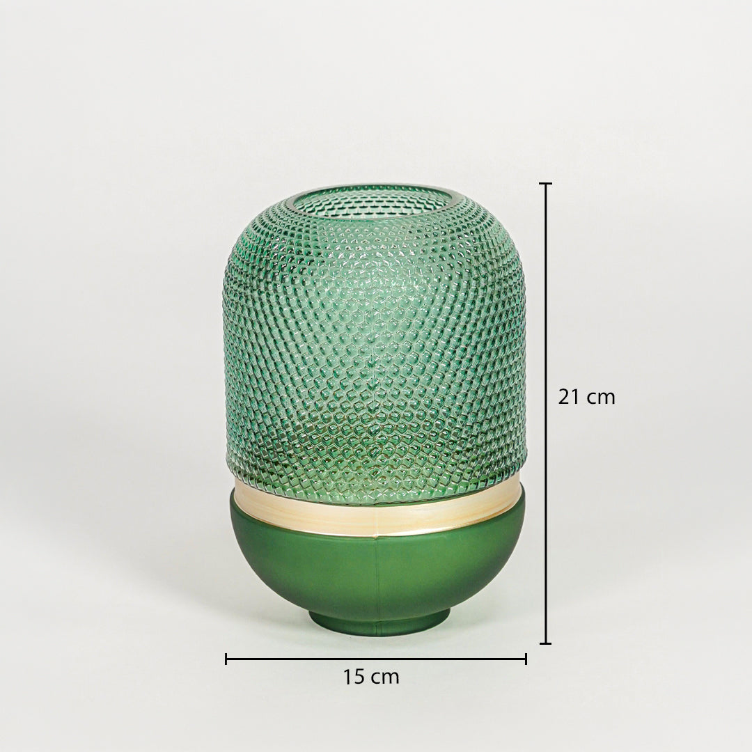Green textured glass decorative vase with rounded form and size details for contemporary tabletop styling and decor.