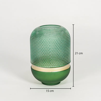 Green textured glass decorative vase with rounded form and size details for contemporary tabletop styling and decor.